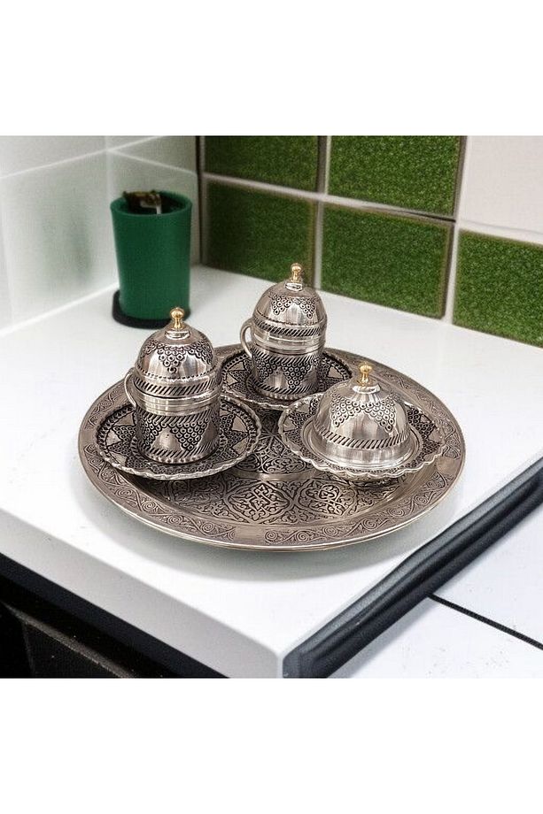 Bakır Fincan Takımı 2 Kişilik - Bakır Üzüm Desenli Türk Kahvesi Oyma 11 Parça Kahve Fincan Seti - 1