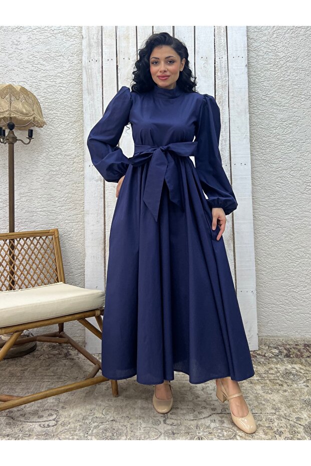 Hijab Navy Blue Big Bow Poplin Flared Dress