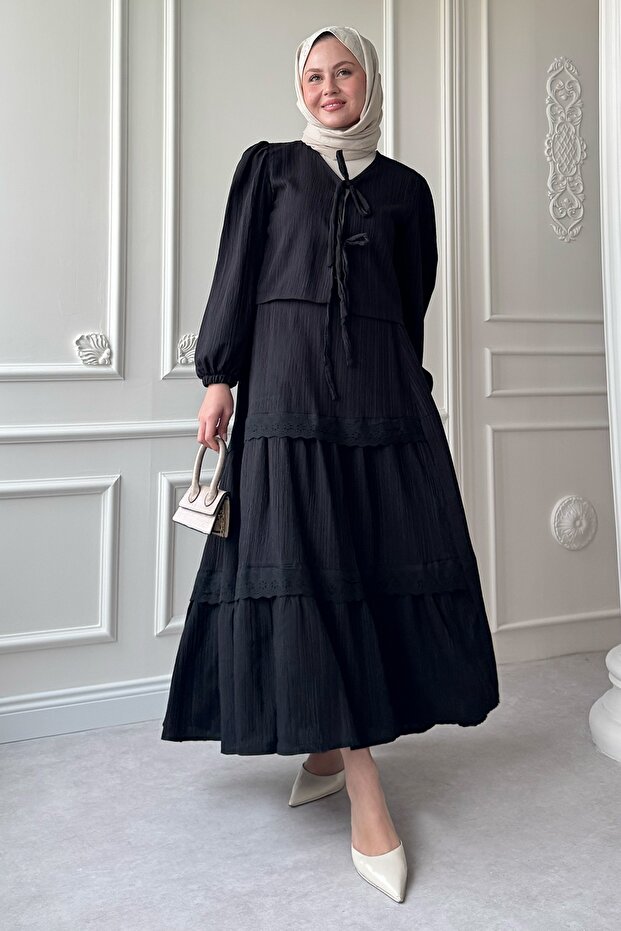 Crepe Black Suit with Ribbon Lace Detail Skirt
