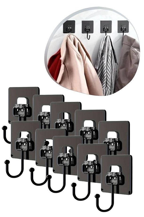 ® 10 Adet Duvara, Dolapa Yapışan Güçlü Yapışkanlı Siyah Duvar Askısı - 1