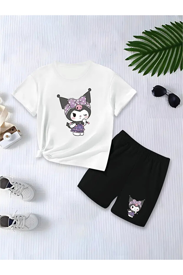 Girl's Crown Kuromi Printed T-Shirt Shorts Bottom Top Children's Set