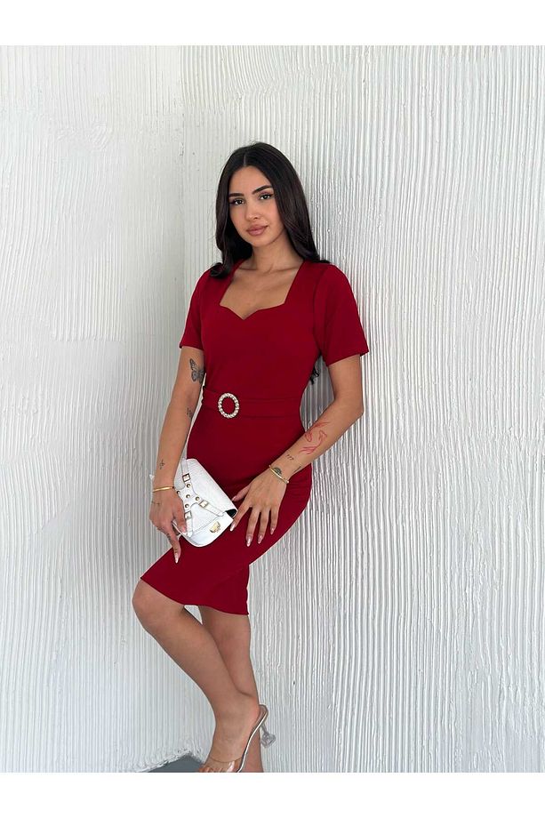 Kruvaze U Yaka Toka Detaylı Elbise - 6