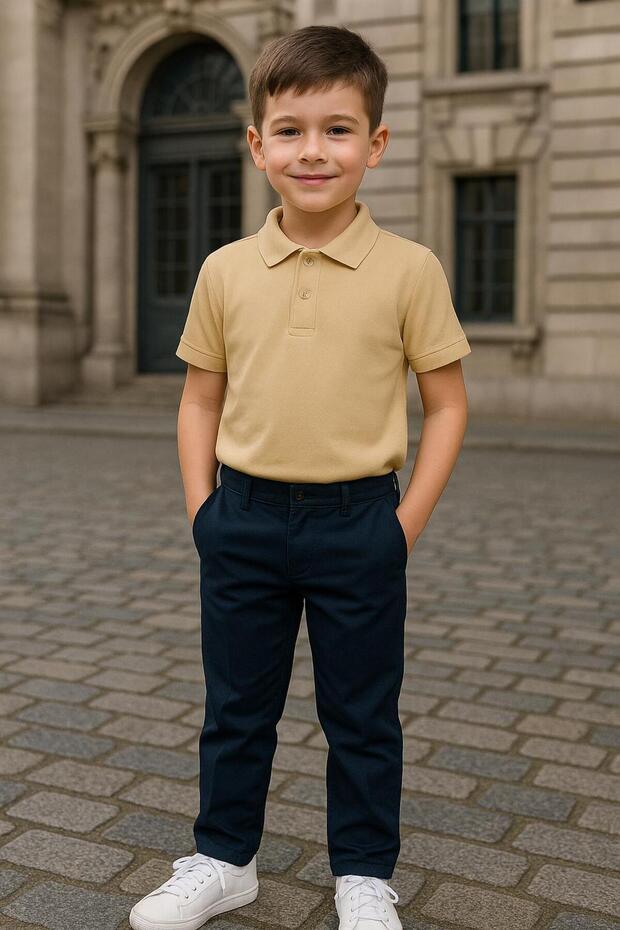 Polo Neck Short Sleeve Beige School T-Shirt