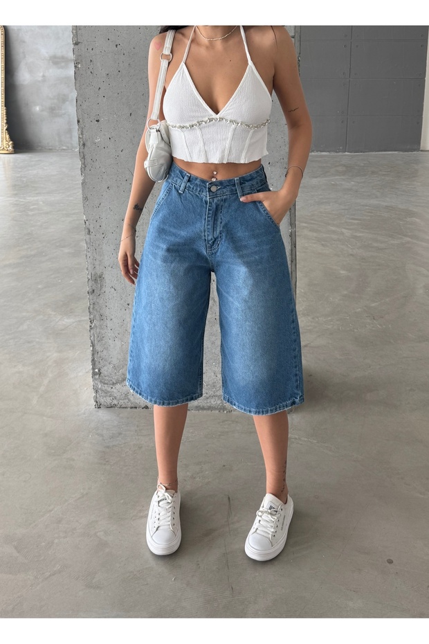 Women's High Waist Faded Effect Vintage Loose Cut Wide Leg Baggy Denim Bermuda Shorts