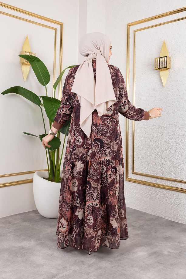 Kadın Astarlı Şifon Desenli Elbise - 7