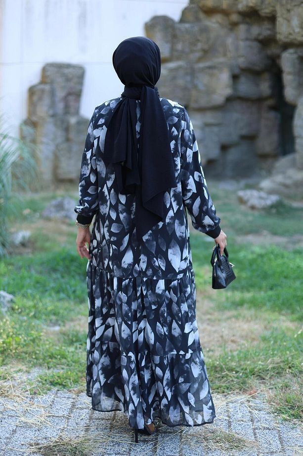 KADIN ASTARLI ŞİFON DESENLİ ELBİSE - 8