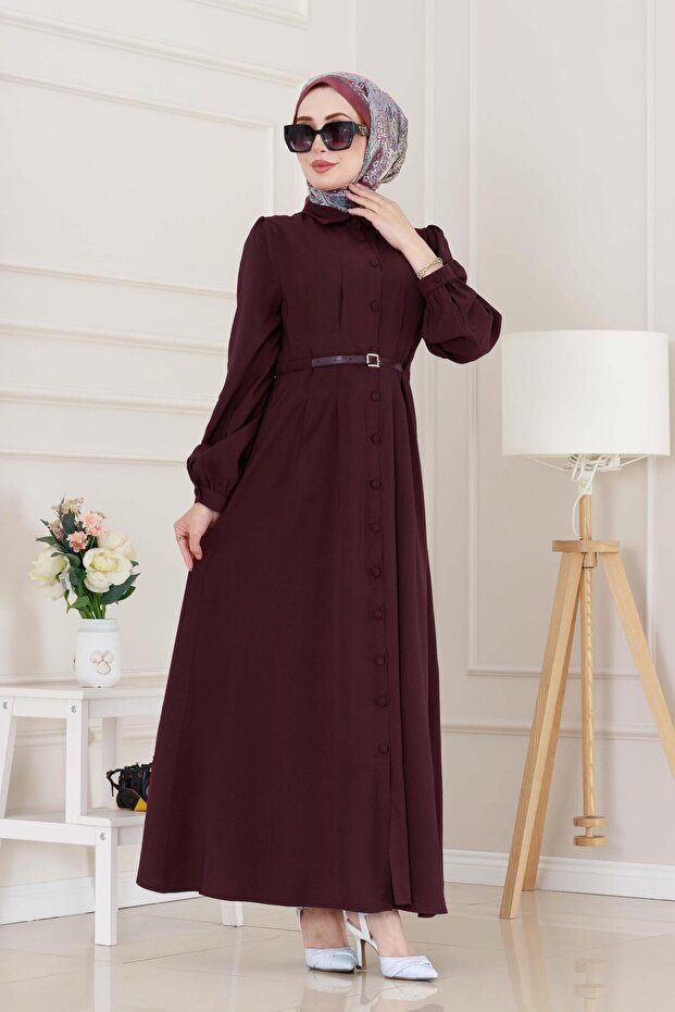 Belted Tencel Dress-Burgundy