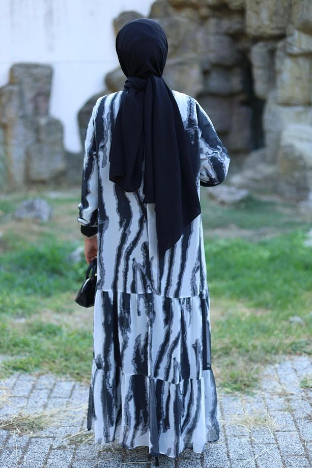 KADIN ASTARLI ŞİFON DESENLİ ELBİSE - 9