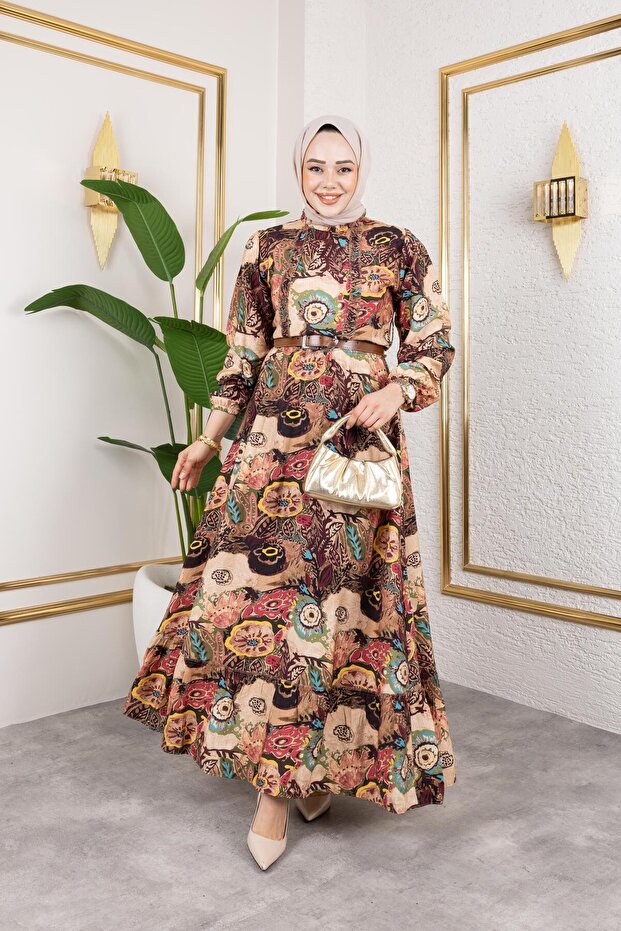 Women's Belted Ethnic Pattern Dress