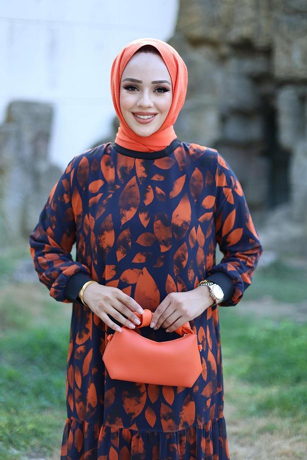 KADIN ASTARLI ŞİFON DESENLİ ELBİSE - 4