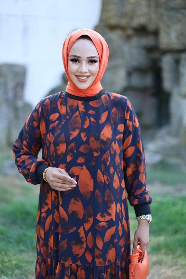 KADIN ASTARLI ŞİFON DESENLİ ELBİSE - 5