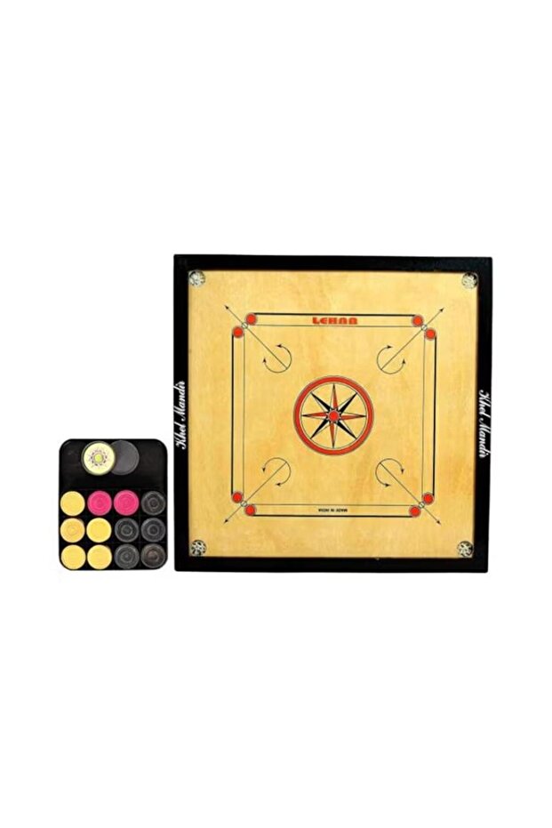 Wooden Carrom Board Game with Coin Set with Unique Details and Inside Round Pockets Small Size - 1