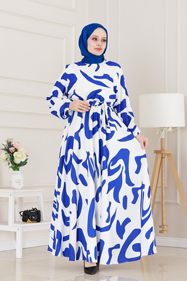 فستان بنمط هندسي-أبيض - 1