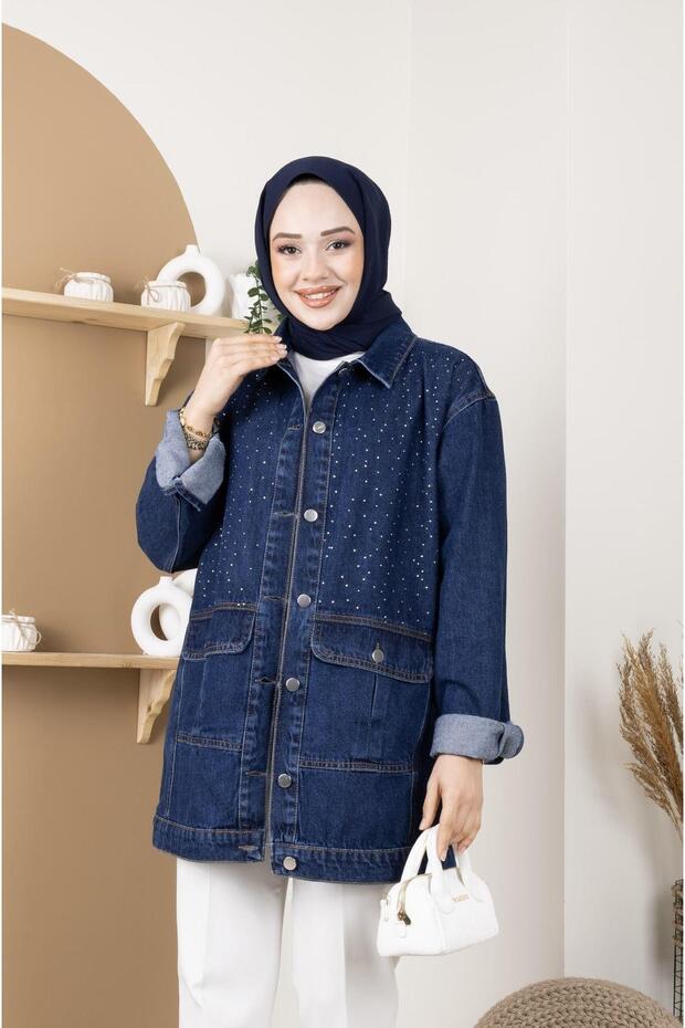 Women's Jeans Jacket with Stone Detail Pocket