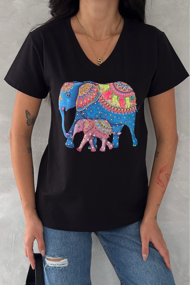 Women's Black V-Neck Elephant Pattern Sequin Embroidered 100% Cotton T-Shirt