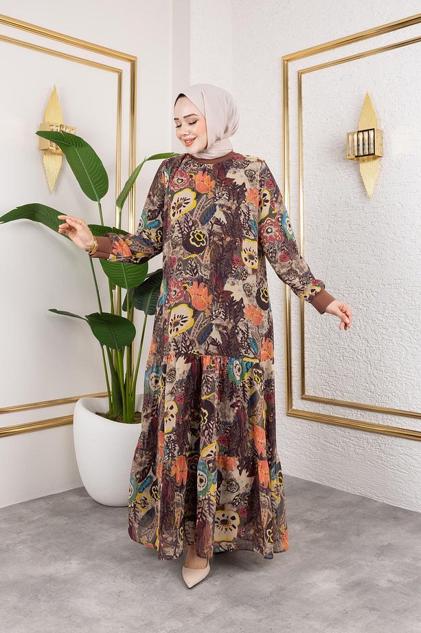 Kadın Astarlı Şifon Desenli Elbise - 3