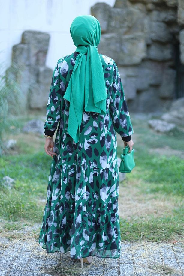 KADIN ASTARLI ŞİFON DESENLİ ELBİSE - 7