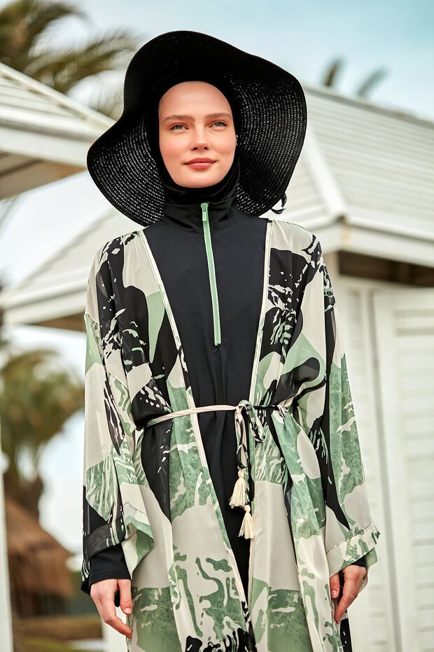 Patterned Khaki Kimono Pareo Kaftan – P2411