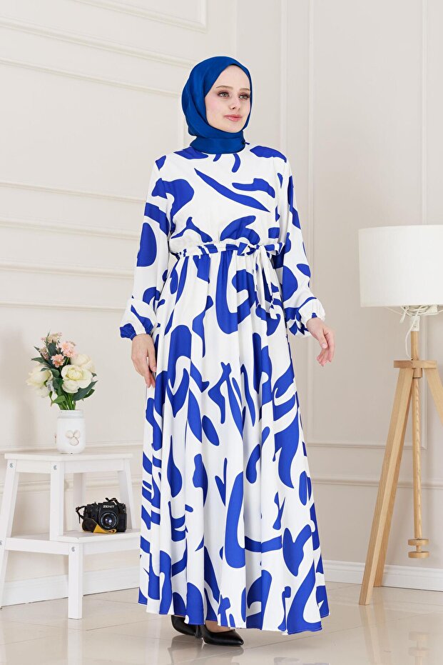 فستان بنمط هندسي-أبيض - 2