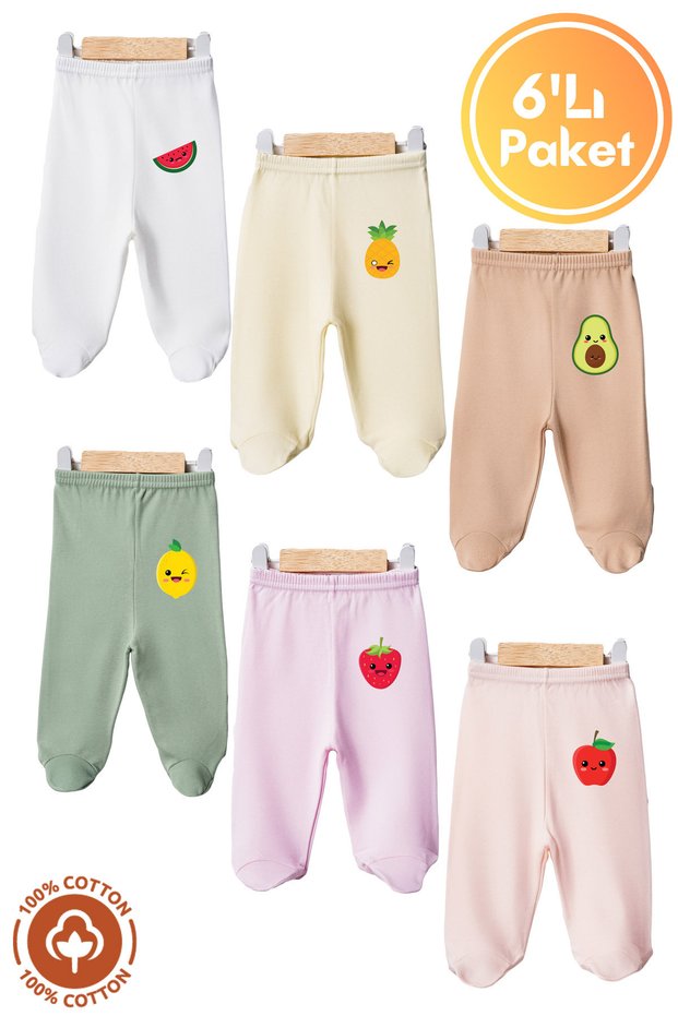 Unisex Baby Combed Organic Cotton Fruit Printed 0-6 Months Baby Bottoms with Booties Set of 6