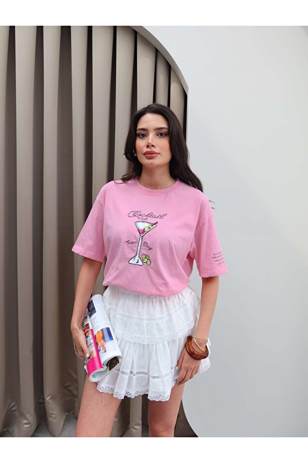 Cocktail Baskılı Oversize Tshirt - 5