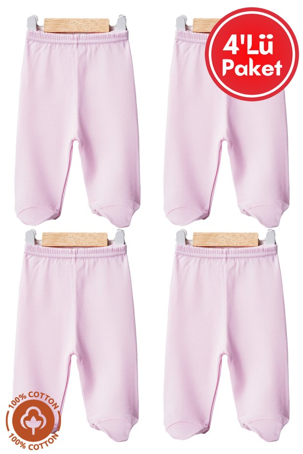 Baby Girl Combed Organic Cotton 0-6 Months Baby Single Bottom Set of 4 with Booties - Pink