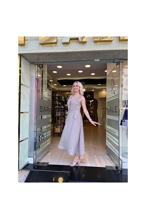 KALIN ASKILI KOLSUZ MİDİ BOY ELBİSE - 4