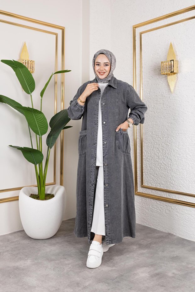Kadın Düğmeli Cepli Kar Yıkamalı Denim Kot Kap - 2
