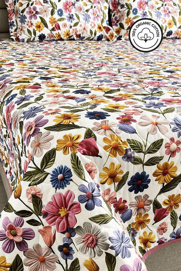 %100 Pamuk Kapitone Dijital Baskılı Yatak Örtüsü – Botanic Bloom Tek Kişilik 160x230 cm - 6