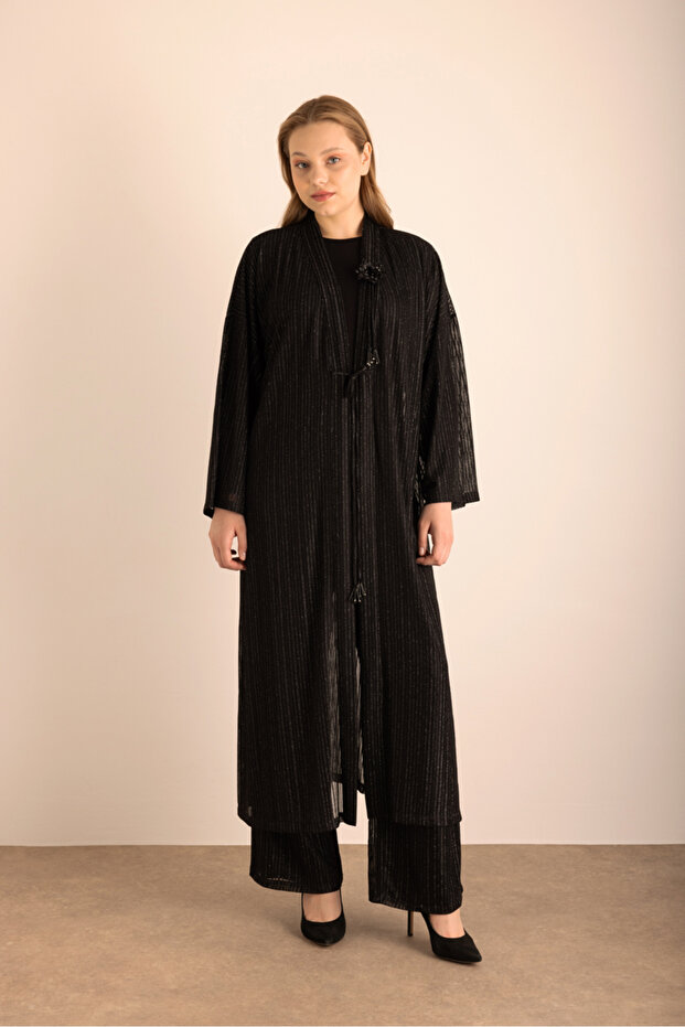 Çiçek Broş Detaylı Örme Simli Kimono - 4