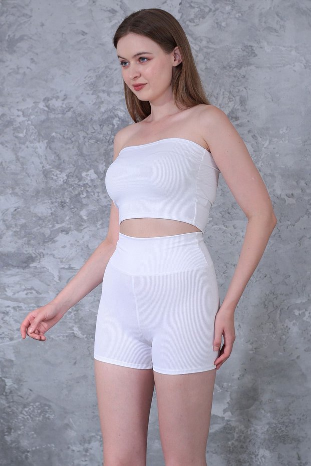Women's White Ribbed Short Sports High Waist Gathering Shorts Leggings