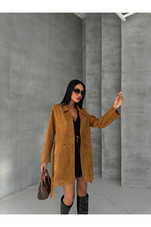 Belted Suede Jacket with Pockets - 4