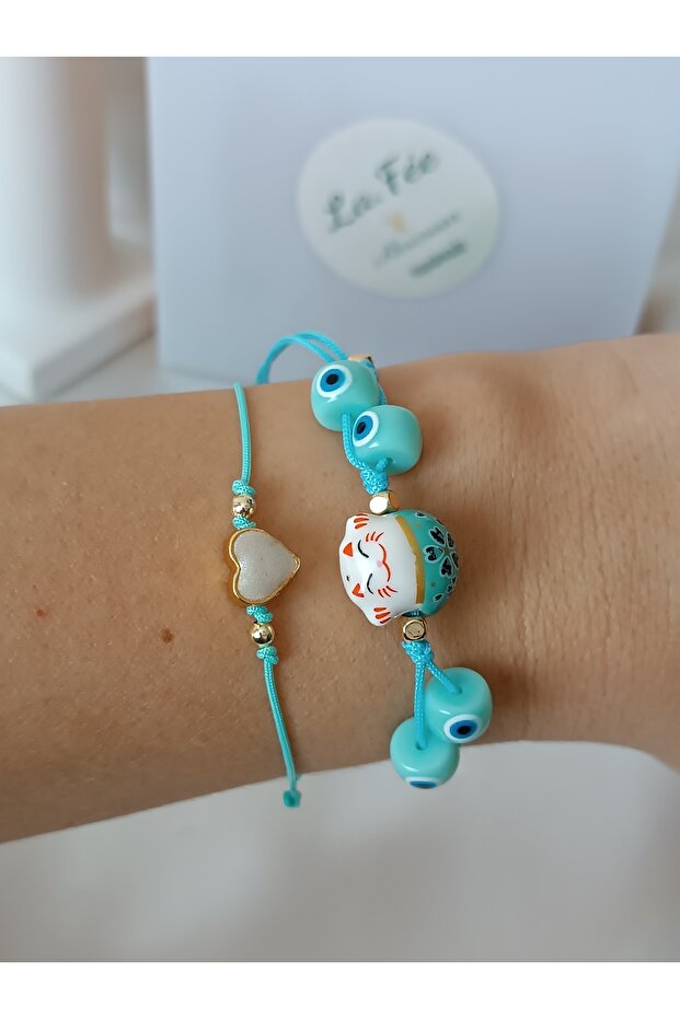 2 Pack Lucky Cat Bracelet & Mint Green Glass Evil Eye Bead Blue String Bracelet Heart Bracelet