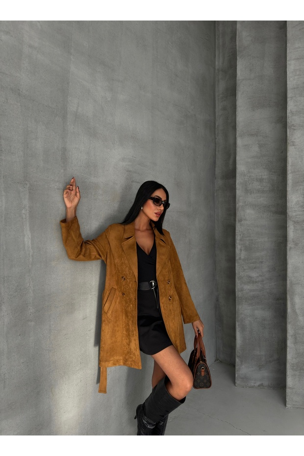 Belted Suede Jacket with Pockets - 7