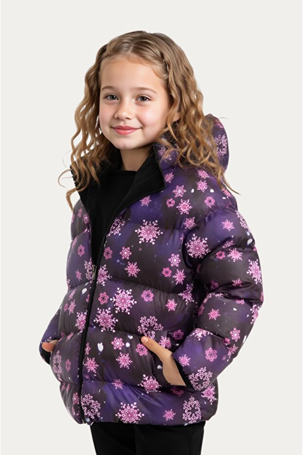 Girl's Purple Snowflake Pattern Fleece Water and Windproof Hooded Puffer Winter Jacket with Pockets