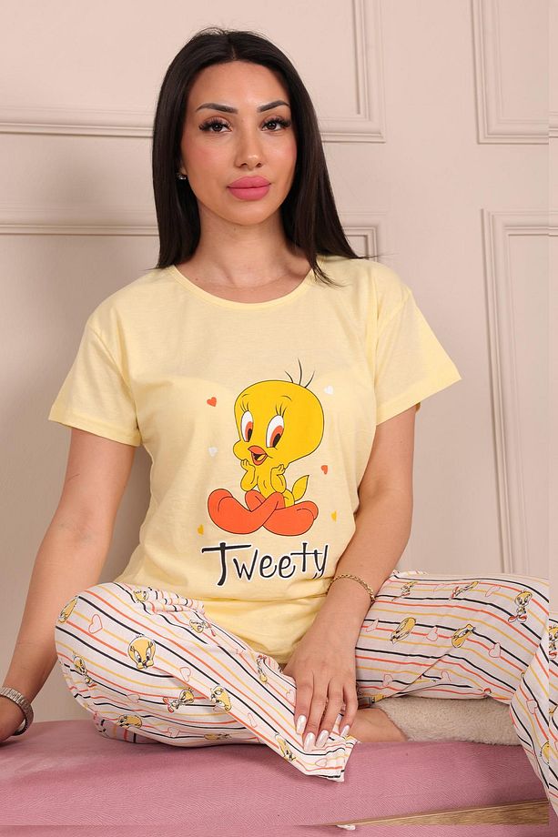 Tweety Desenli KIsa Kol Alt Uzun Pijama Takımı SARI - 2