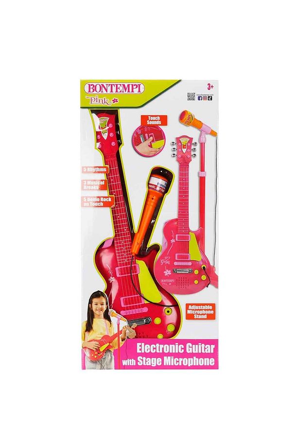 Ayaklı Mikrofonlu Pembe Elektronik Çocuk Rock Gitarı - 3