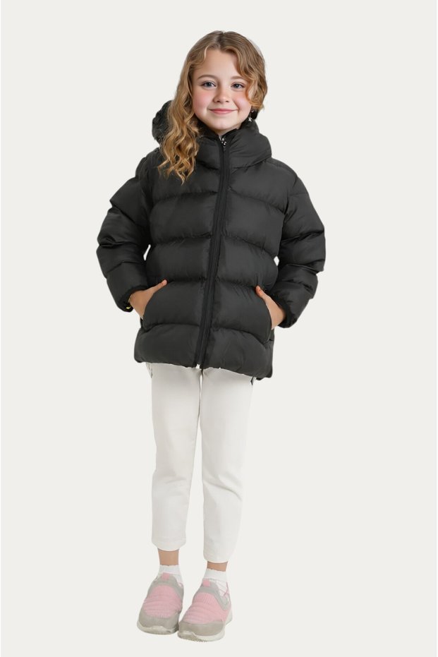 Girl's Black Fleece Hooded Waterproof Wind Resistant Pocket Puffer Winter Coat
