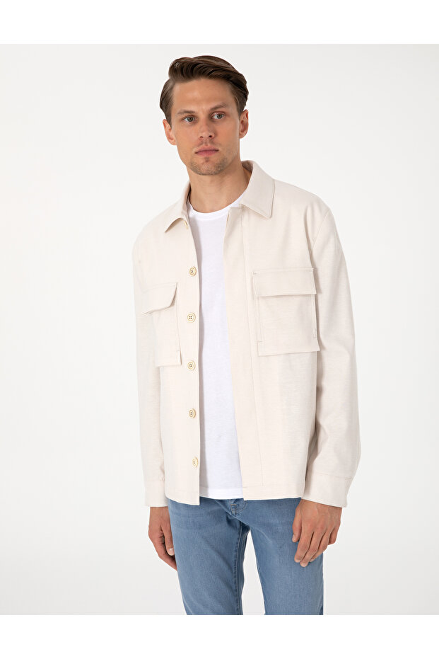 Beige Regular Fit Linen Cotton Blend Shirt Jacket 50303828-Vr011