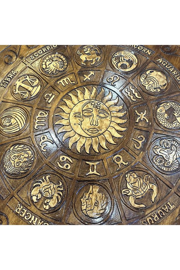 Yuvarlak Masa Masif Ahşap Astroloji Burçlar Ve Aygüneş Tema El Oyması 120 Cm Ayaklı - 8