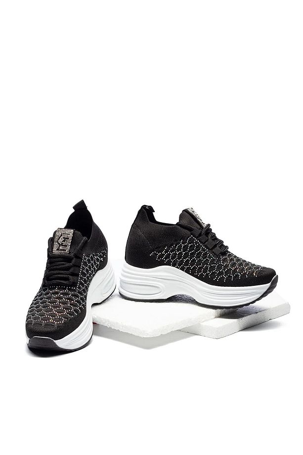 KADIN SİYAH GİZLİ TOPUK TAŞLI YÜKSEK TABAN TRİKO SNEAKER AYAKKABI - 3