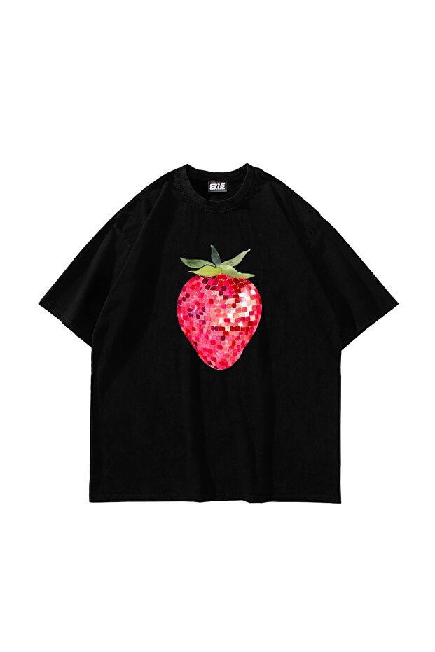 تيشيرت أسود للجنسين بطبعة ديسكو فراولة مقاس كبير