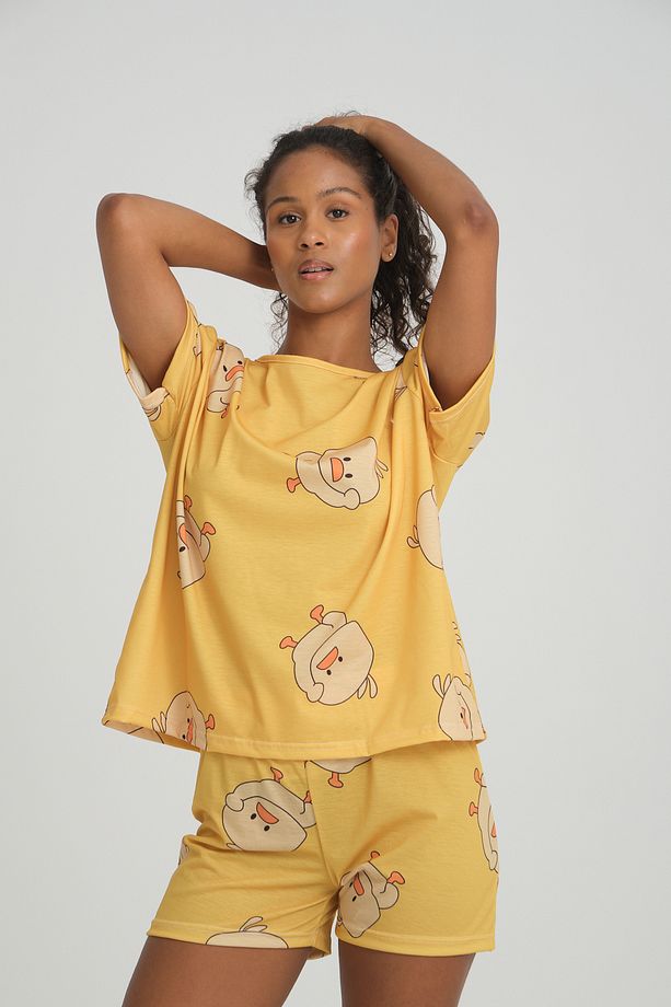 iLove Kısa Kollu Şort Kadın Pijama Takımı Örme Kumaş Pamuklu Civciv Desenli SüperSoft - 5