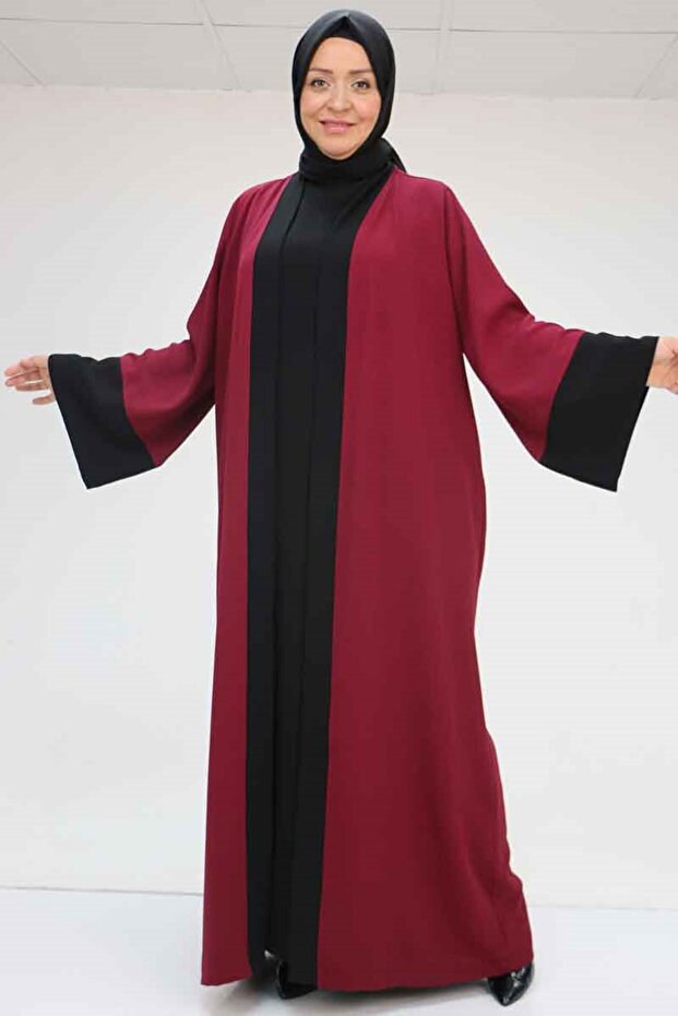57204 plus size patı Paneled etamine robe abaya - burgundy-black