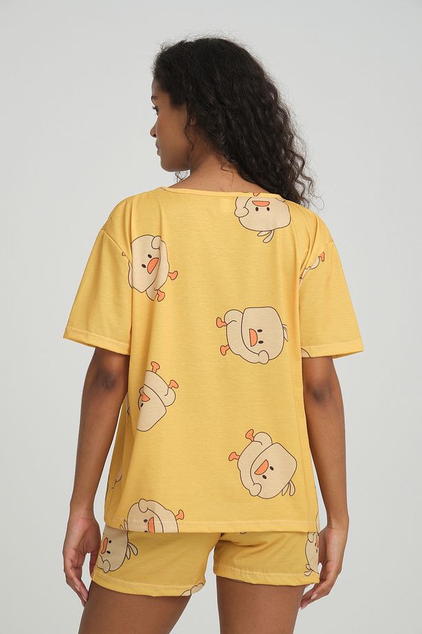 iLove Kısa Kollu Şort Kadın Pijama Takımı Örme Kumaş Pamuklu Civciv Desenli SüperSoft - 4