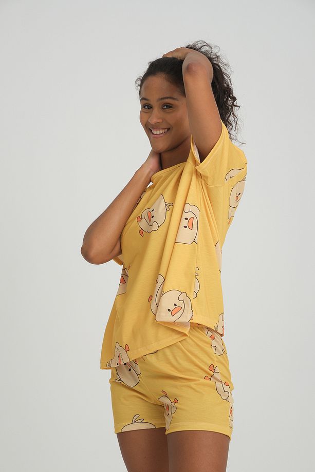 iLove Kısa Kollu Şort Kadın Pijama Takımı Örme Kumaş Pamuklu Civciv Desenli SüperSoft - 6