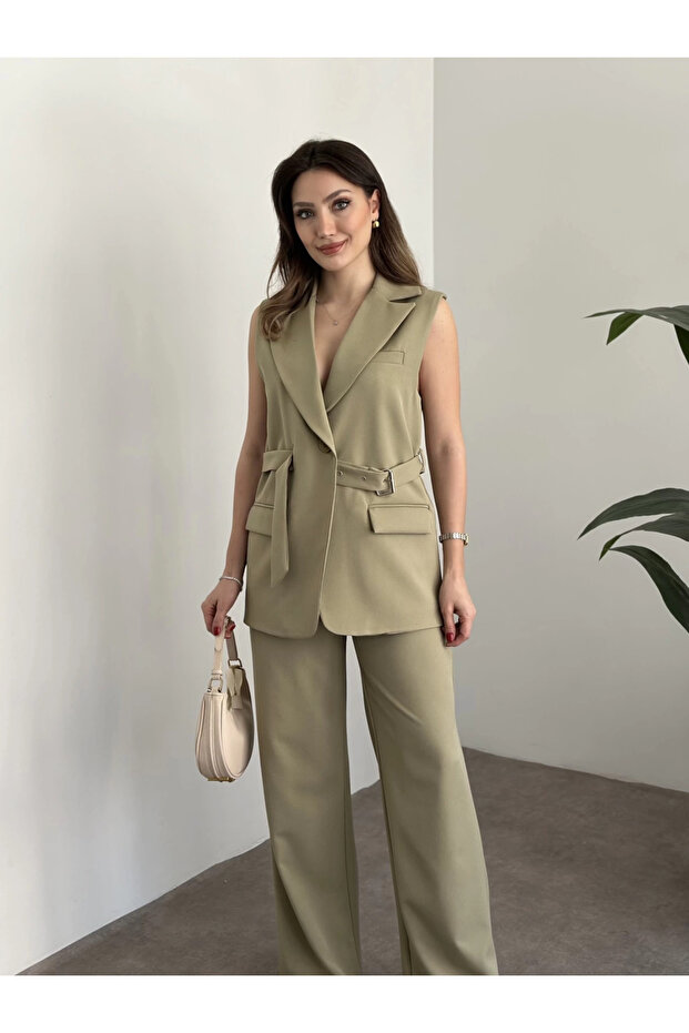 Women's Belt Detailed Vest Set