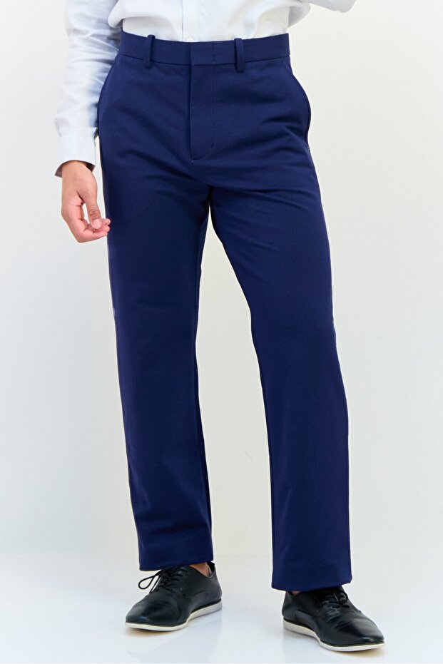 Men Regular Fit Solid Straight Pants, Navy - 1