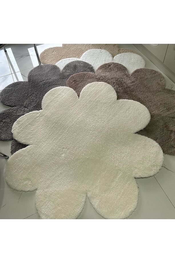 Çiçek Desenli Krem Halı Yumuşak Salon Halısı Modern Minimalist Dekoratif Halı 2'li Set (60x60-80x80) - 6