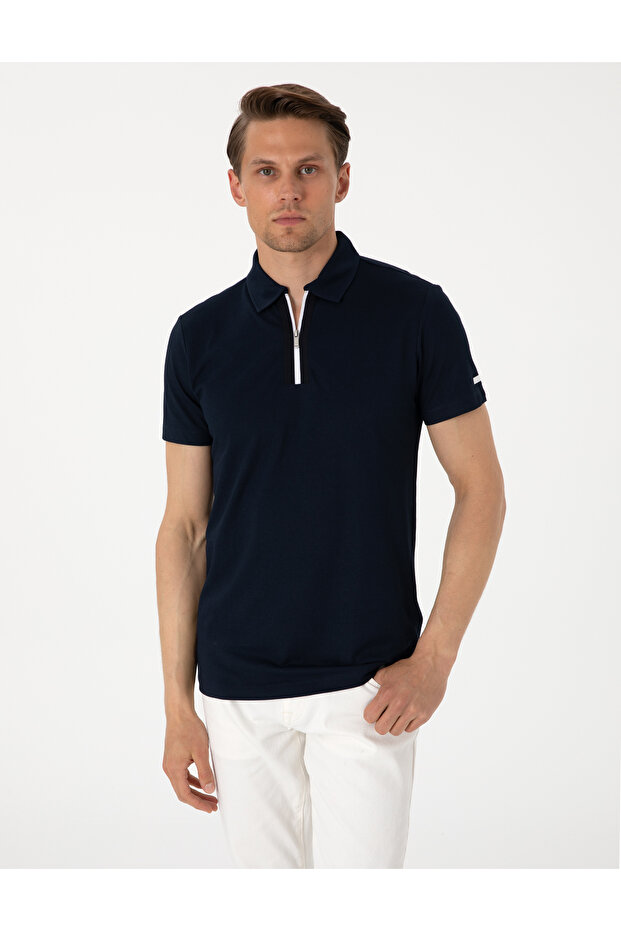 Navy Blue Ultralight Fabric Slim Fit Zippered Polo Collar T-Shirt 50302623-Vr033